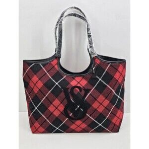 Victoria's Secret Tote Bag Red Black Plaid Weekender Logo Travel Holidays Travel